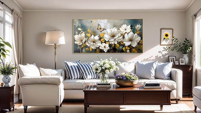 Wall Art Modern Flower Artwork Paintings White Blossom Gold Leaf Butterfly Landscape Picture wall Decor for Living Room Bedroom Kitchen 40"x79" with Framed