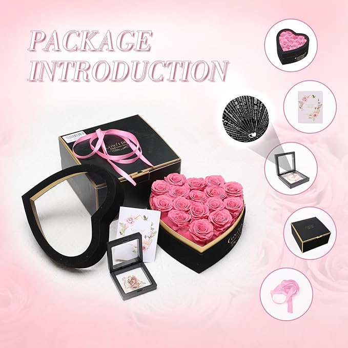 Preserved Roses Flowers for Delivery 16 Pcs, Forever Flores in Heart Box with Necklace, Eternal Rose Anniversary Birthday Gift for Women Wife Girlfriend, Rosas for Valentines Christmas, Pink