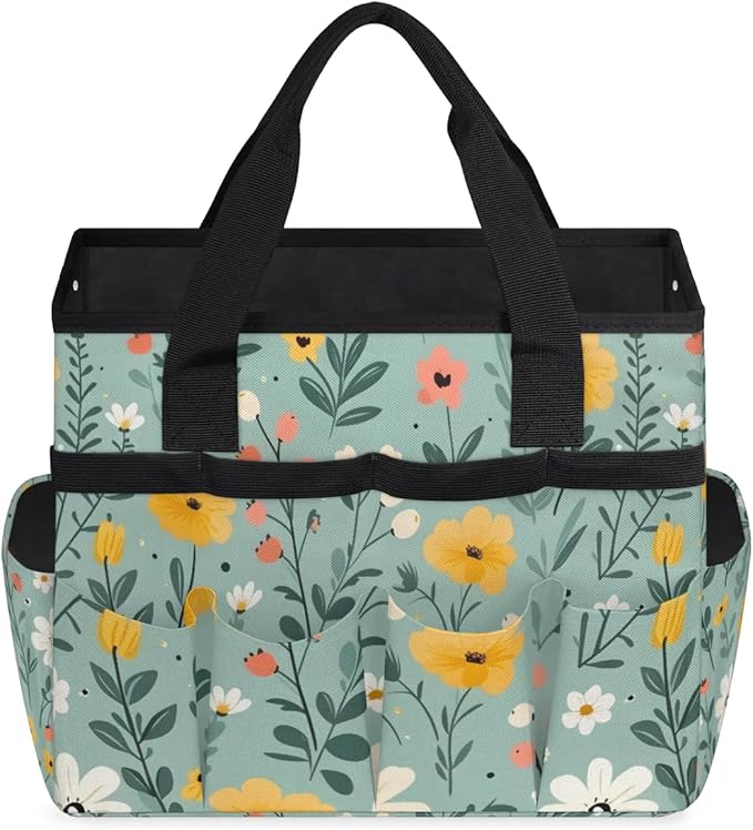 Garden Tool Bag Organizer Garden Tote Bag with Pockets Floral Patterned Flower Tool Storage Organizer Gardening Tool Kit Holder 13" x 6.8" x 2.8"