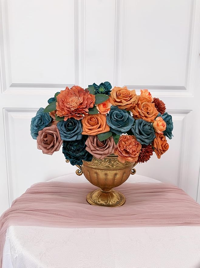 Roses Artificial Flowers Bouquet Box Set Fake Flower for DIY Bridal Wedding Shower Decorations Centerpieces for Table Faux Silk Floral Arrangement for Party Home Decor Indoor Teal Orange