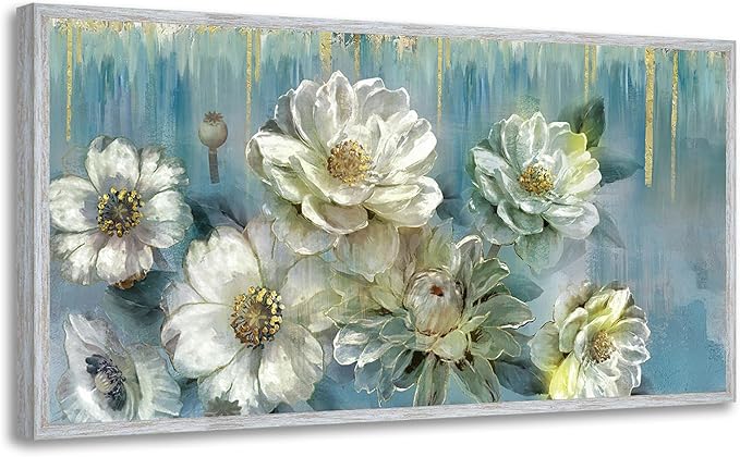 Ardemy Teal Canvas Wall Art Large Framed Magnolia White Floral Pictures Wall Decor Textured Painting Flowers Turquoise Artwork for Living Room Bedroom Dining Room Home Office, 48"x24"