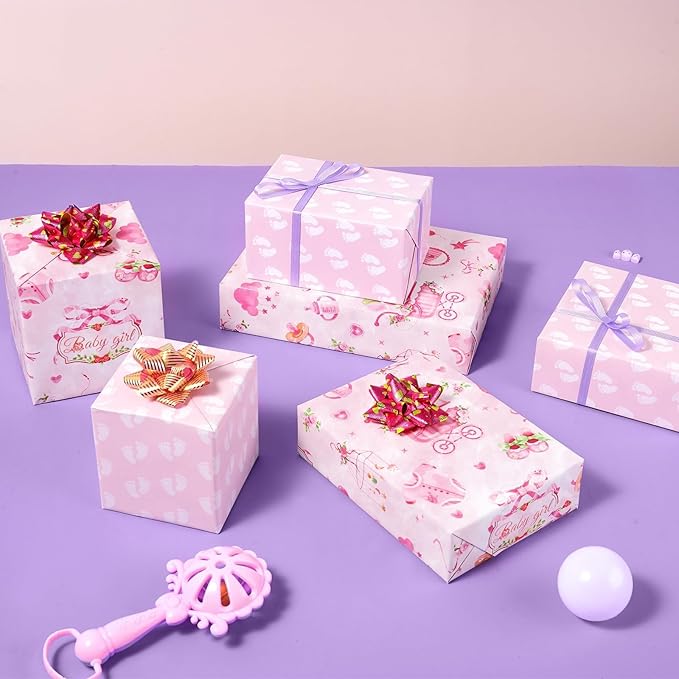 WERNNSAI Baby Girl Wrapping Paper Roll - 1 Roll 17” x 9.8 ft Baby Shower Wrapping Paper for Birthday Party Pink Girl Gift Packing Supply Baby Shower Design Reversible Footprint Print