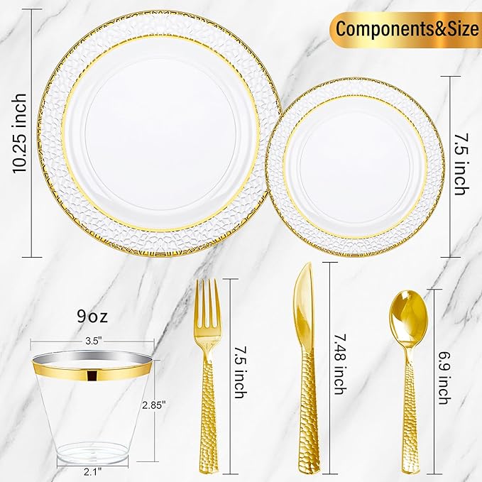 Nervure 150Pcs Clear Plastic Plates with Gold Hammered Silverware include 25Dinner Plate, 25Dessert Plate, 25Knives, 25Forks, 25Spoons and 25Cups for Wedding & Parties & Thanksgiving