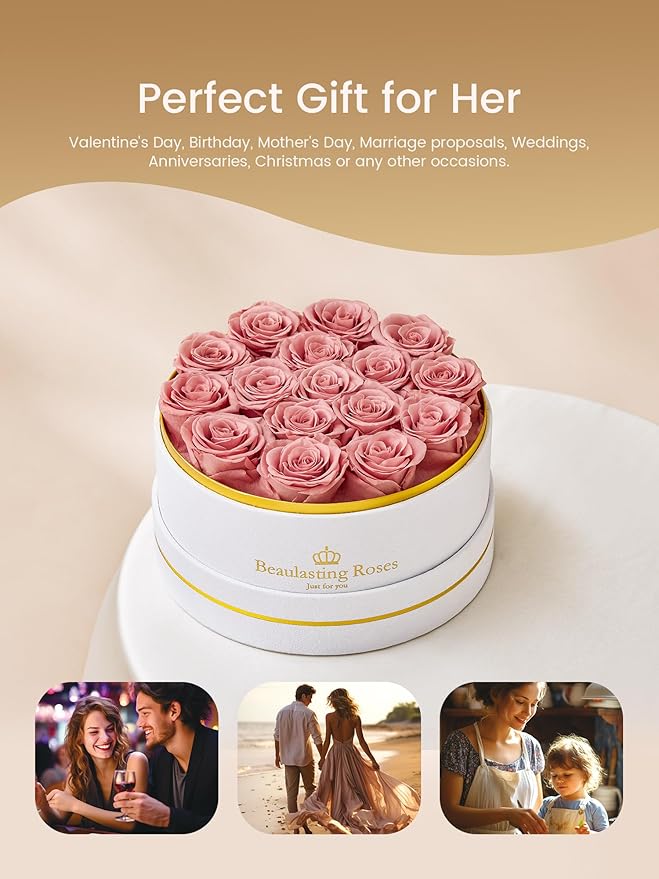 Preserved Roses Forever Flowers Real Roses in a Box Mother's Day Birthday Flowers for Her Mom Women Wife Valentine's Day, 16 Dusty Pink Roses