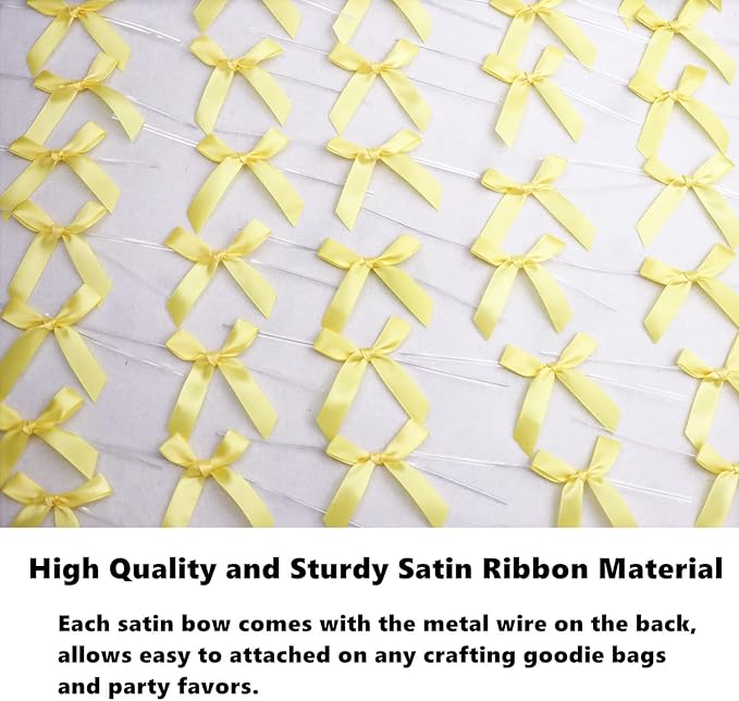 50 Pack 3" Satin Twist Tie Bows, Twist Bows for Treats, Ribbon Bows with Twist Ties Gift Wrap Bows, Pretied Bows Ties for Cake Pops, Baby Shower, Sweets Packaging, Party Favors, Gifts (Yellow)