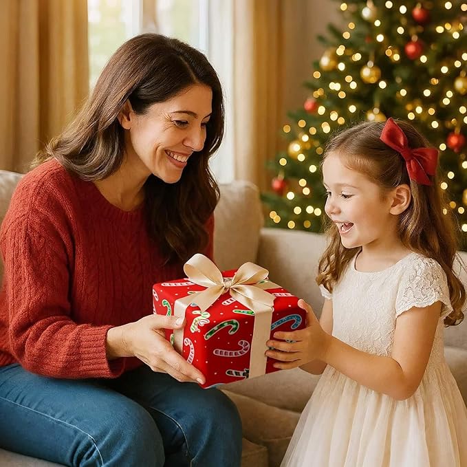 WERNNSAI Candy Cane Christmas Wrapping Paper - 1 Roll 17”x 33 ft Red Christmas Wrapping Paper for Kids Reversible Candy Cane and Stripe Gift Wrap for Xmas Holiday Winter Party Celebration