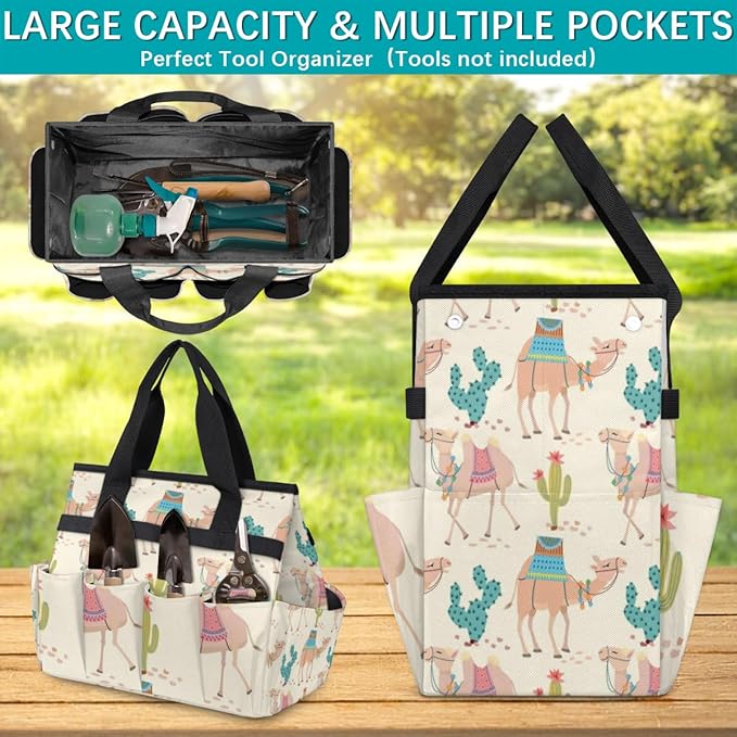Garden Tool Tote Bag for Women Men Cartoon Camel Cactus Gardening Tool Storage Bags with 10 Pockets Standable Garden Home Tool Kits Organizer for Indoor Outdoor Gardening Gifts