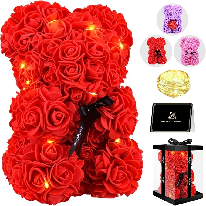 Otlonpe Cute Bear Rose Flower with Light | Women Gifts & Indoor Table Decorations for Christmas, Valentines, Mothers Day, Birthday, Anniversary | Handmade Gifts for Women Mom Wife Girlfriend (Red)