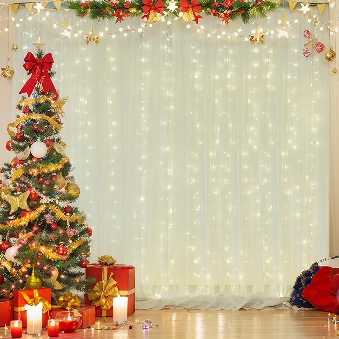 10ft x 8ft Ivory Backdrop Curtain with Lights String for Parties, Sheer Tulle Wedding Photo Backdrops Drapes for Baby Shower Birthday Party Decorations Background for Photography