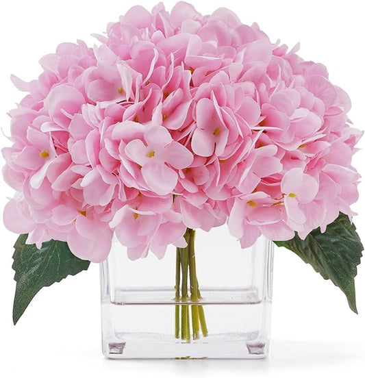 Artificial Hydrangea Flowers in Vase, Silk Floral Arrangement in Vase with Faux Water for Home Decor Indoor, Room Table (Pink)