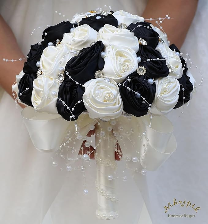 Bridal Wedding Bouquet Round Bling Brooch Bouquet Throw Toss Artificial Rose Flower Bunch for Bride Bridesmaid Wedding Quinceanera(Black & Ivory, 8.7")
