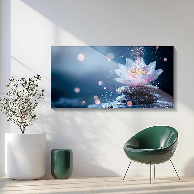 Iallbin Buddha Wall Art & Zen Wall Decor White Lotus on Water Canvas Painting - for Yoga Meditation Room, Spa & Bathroom, Iallbin Zen Stone Wall Art & Zen Wall Decor, Single Luminous Lotus Flowe Spiritually Uplifting Quality -for Yoga Meditation Room, ...