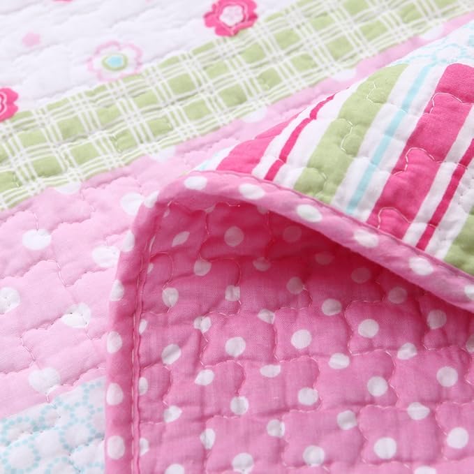 Cozy Line Home Fashions Pink Ruffle Flowers Polka Dot Girl 100% Cotton Reversible Quilt Bedding Set, Coverlet, Bedspread for All Seasons (Twin - 2 Piece)