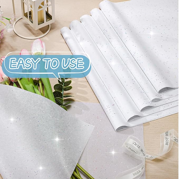 woric 135 Sheets White Tissue Paper for Gift Bags 20 x 14 Inch Glitter Tissue Paper for Birthday Baby Shower Wedding Christmas Decor Art DIY Crafts