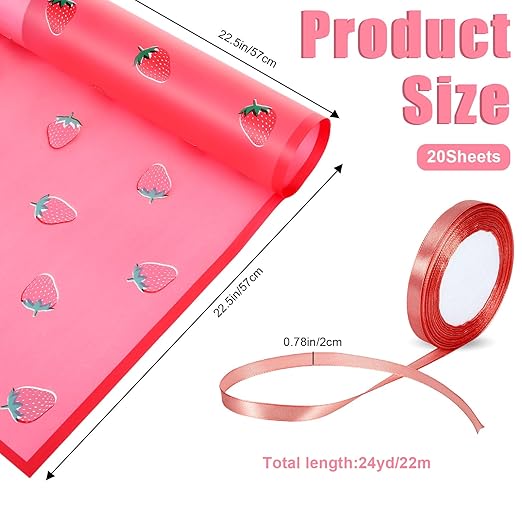 20 Sheets Bouquet Wrapping Paper, 22.4Inch Red Strawberry Pattern Flower Floral Wrapping Paper Pink Floral Paper for Bouquets Kit, Waterproof Decorations with Ribbon for DIY Crafts Wedding Birthday Party for Christmas
