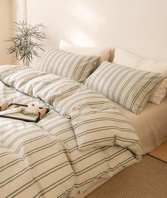 VM VOUGEMARKET Stripe Comforter Set Twin XL Green Striped Bedding Comforter with 2 Pillowcases Modern Farmhouse Style Lightweight Twin Comforter Set for Teen Boys