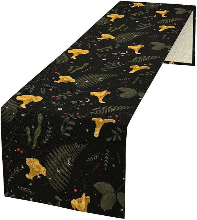 Magical Forest Table Runner, Rustic Country Wild Yellow Mushrooms Plants Botanical Herbs Print Table Runner for Holiday Farmhouse Kitchen Dining Table Decor, 13x108inch