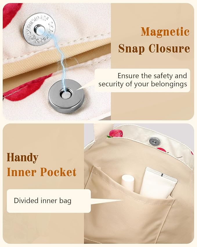Aesthetic Cotton Tote Bag for Women - Reusable Shoulder Bag with Buckle Fabric Bag for Gym, Travel, Work