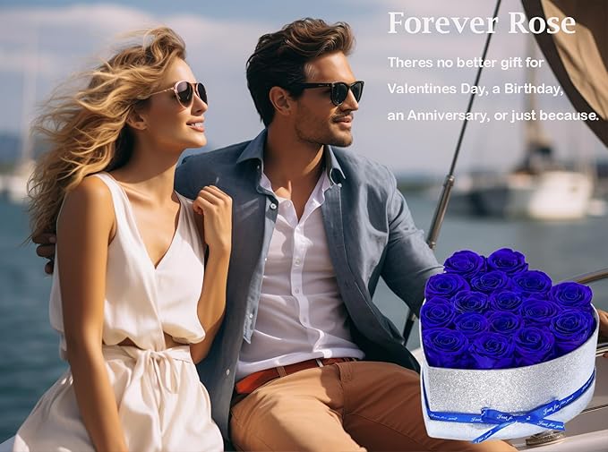 Flowers for Delivery, 16 Blue Forever Roses Heart Shape Box - Preserved Rose Gift for Her, Preserved Flower for Mothers Day, Father's Day Just Because