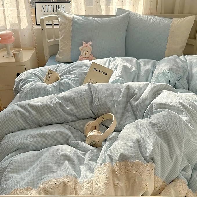 LifeTB Blue Gingham Comforter Set Queen Romantic Lace Style Plaid Checkered Comforter Set Cute Grid Bed Comforter with 2 Pillowcases Cozy Gingham Bedding Set Blue Plaid Comforter for Teen Girls