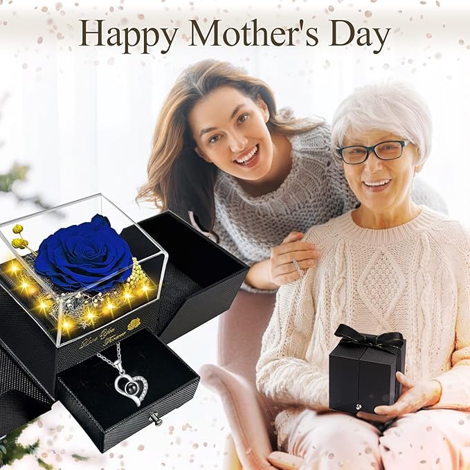 Preserved Real Rose-Eternal Flowers Blue Rose Gifts for Women Her Mom Wife Girlfriend on Valentines Mothers Day with I Love You Necklace 100 Languages Engraved Acrylic Block Puzzle Piece