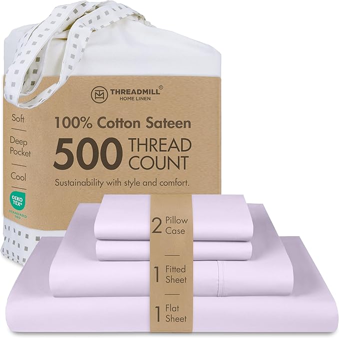 Threadmill Cotton Full Size Sheet Set, Deep Pocket, Fade Resistance, 500 Thread Count, Solid 4-Piece Bed Sheets for Full Size Mattress (1 Flat, 1 Fitted Sheet, 2 Pillow Covers), Lilac