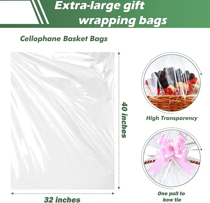 100 Packs 32” x 40” Gift Wrap Cellophane Bags for Basket Extra-large Jumbo Clear Cellophane Wraps Clear Huge Cello Bags for Basket, Gift, Christmas Tree, Treat, Art and Craft, 100ct Light Pink Bows