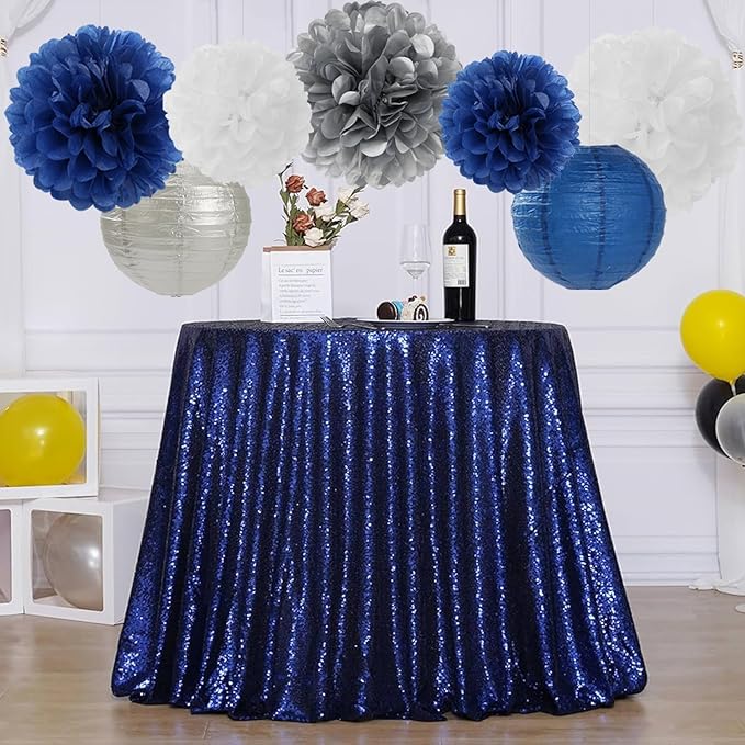 Navy Blue Silver White Paper Flowers Tissue Pom Poms Honeycomb Lanterns 15pcs Royal Party Decorations Boy Birthday Wedding Baby Bridal Shower Bachelorette Graduation Hanging Supplies Mprocherify