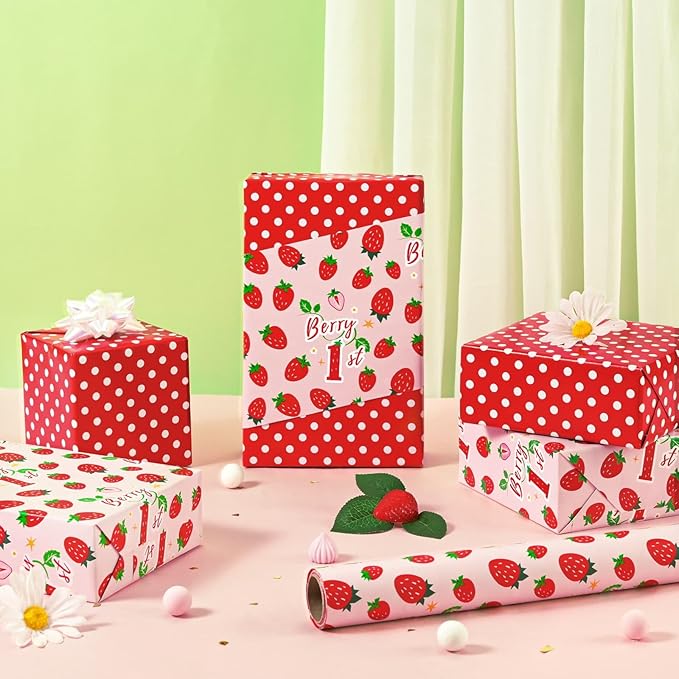 WERNNSAI Berry First Birthday Wrapping Paper - 1 Roll 17”x 33ft Pink Strawberry Gift Wrapping Paper Sweet One Birthday Packing Supply Baby Shower Party Favors Berry Sweet Design