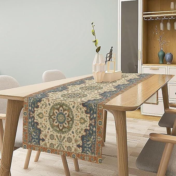 Boho Bohemian Table Tunner, Vintage Neutral Traditional Mandala Floral Blue Beige Medallion Table Runner for Kitchen Dining Outdoor Indoor Home Decor, 13x108 Inch