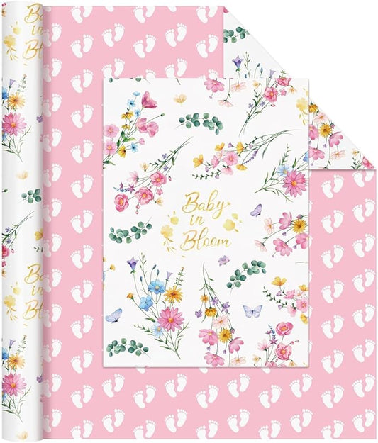 WERNNSAI Baby Wrapping Paper - 1 Roll 17”x 33 ft Baby Shower Wrapping Paper Pink Floral Gift Wrap Reversible New Born Girls 1st Birthday Present Packing Cute Foot Prints Design