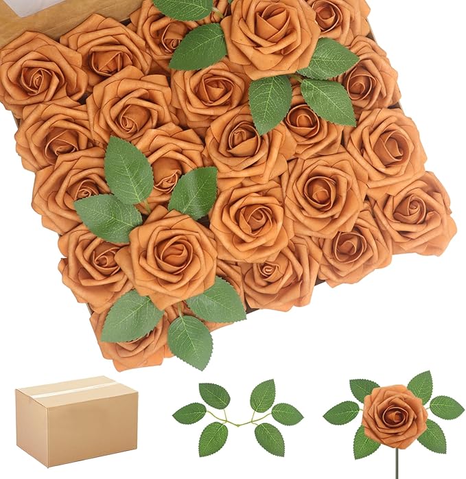 Artificial Flowers Roses Real Looking Foam Fake Roses with Leaves and for DIY Wedding Bouquets Bridal Shower Centerpieces Party Decorations (Gold Sparrow, 200)