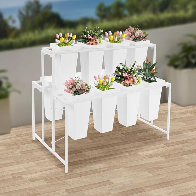 Flower Display Stand with 12 Pcs Buckets 3 Layers Metal Plant Stand Plant Cart Shelf Flower Bucket Rack Stand for Indoor Florist Garden Patio (White Stand-White Square Buckets)