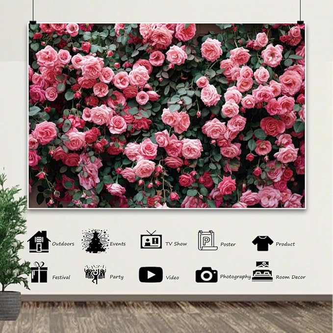 15x8ft Pink Flower Wall Backdrop Roses Floral Background Spring Tea Party Photography Banner for Wedding Birthday Bridal Shower Mother's Day Women's Day Valentine's Day Princess Portraits