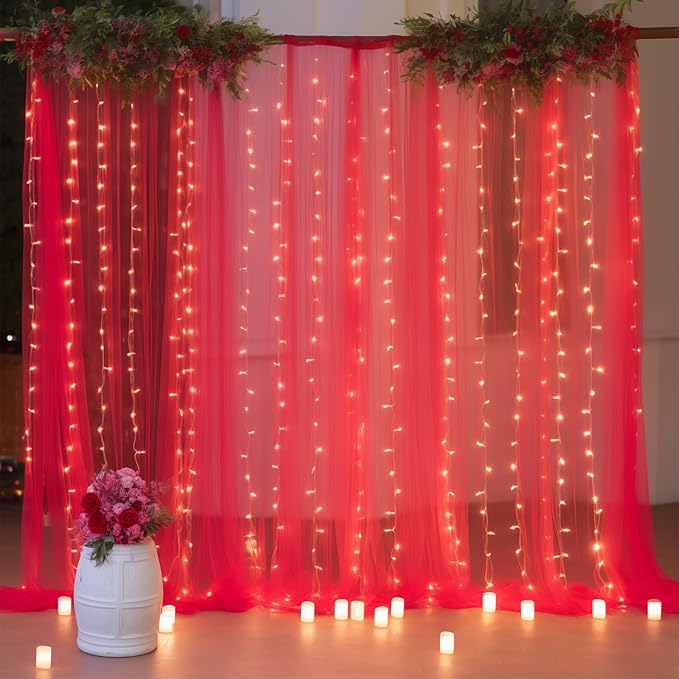 10ft x 8ft Red Backdrop Curtain with Lights String for Parties, Sheer Tulle Wedding Photo Backdrops Drapes for Baby Shower Birthday Party Decorations Background for Photography