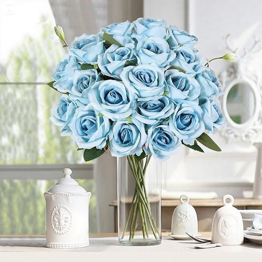 20PCS Artificial Roses with Long Stems - Realistic Silk Flowers, Fake Roses Real Touch Bouquet of Roses for Home Decor, Bridal Wedding Party Table Centerpieces, Bulk Faux Rose Flowers ( Sky Blue )