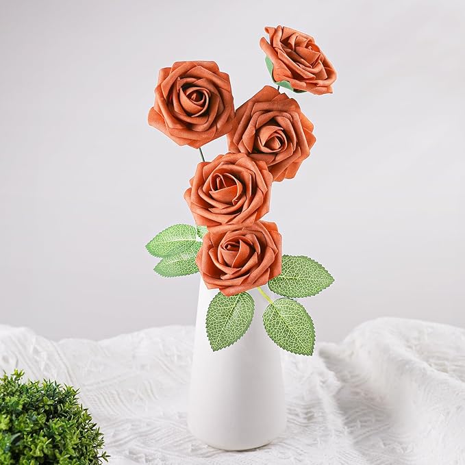 AmyHomie Artificial Flowers Burnt Orange Rose 25pcs Real Looking Fake Roses w/Stem for DIY Wedding Bouquets Centerpieces Arrangements Party Baby Shower Valentines Day Christmas Tree Decorations