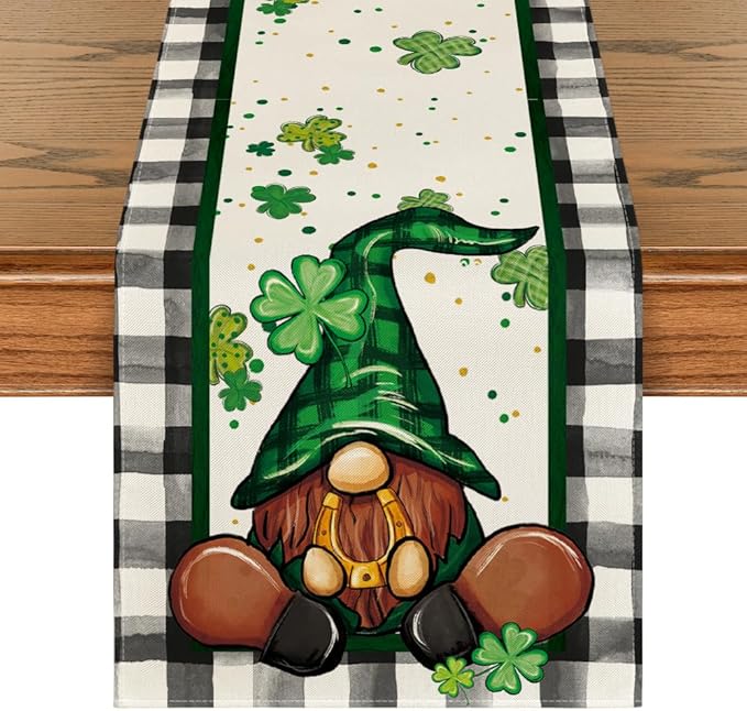 Artoid Mode Buffalo Plaid Shamrock Gnome St. Patrick's Day Table Runner, Seasonal Spring Holiday Kitchen Dining Table Decoration for Indoor Outdoor Home Party Decor 13 x 36 Inch