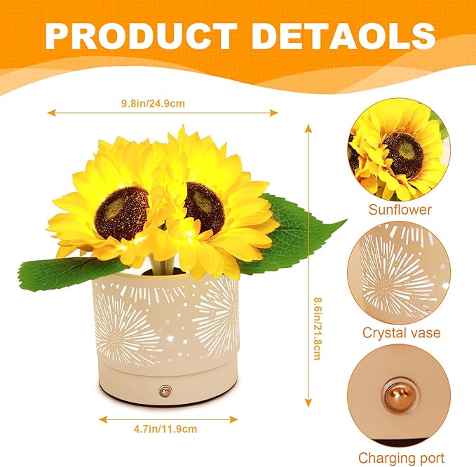 Birthday Gifts for Women,Sunflower Flower Cordless LED Touch Table Lamp,3-Colour Infinitely Dimming Rechargeable Small Night Light for Festival,Restaurant,Bedroom,Office Decor Gifts for Mom