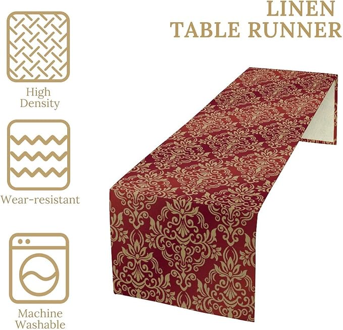 Red Damask Table Runner,Gothic Antique Victorian Floral Boho Table Runner for Home Kitchen Table Dining Garden Farmhouse Wedding Party Decor 13x36 Inch