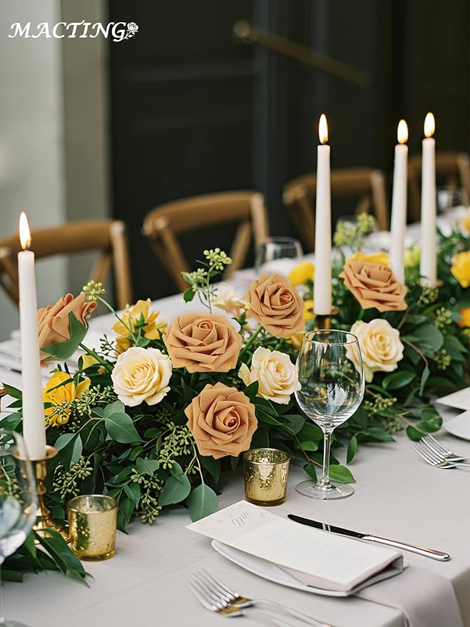 MACTING 30PCS Artificial Flower Roses Real Touch Fake Rose Flowers with Stem Foam Roses for DIY Wedding Bouquet Table Centerpieces Party Baby Shower Spring Home Valentines Day Decorations,Gold Yellow