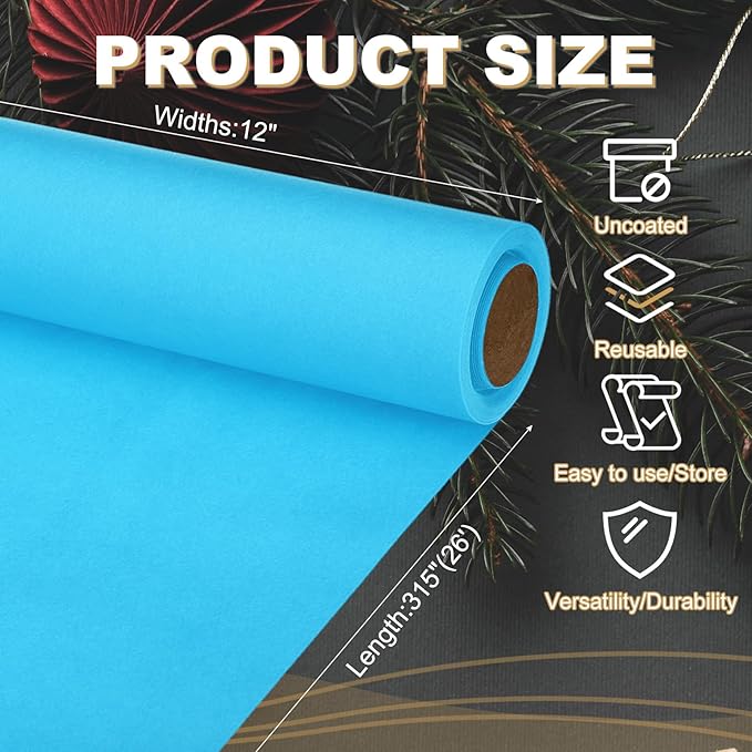PATIKIL Wrapping Paper, 12"x315"(26') Bulletin Board Paper Roll Kraft Paper Roll Construction 80GSM for Shipping Packing Gift Wrapping Craft Flower Bouquet Christmas, Light Blue