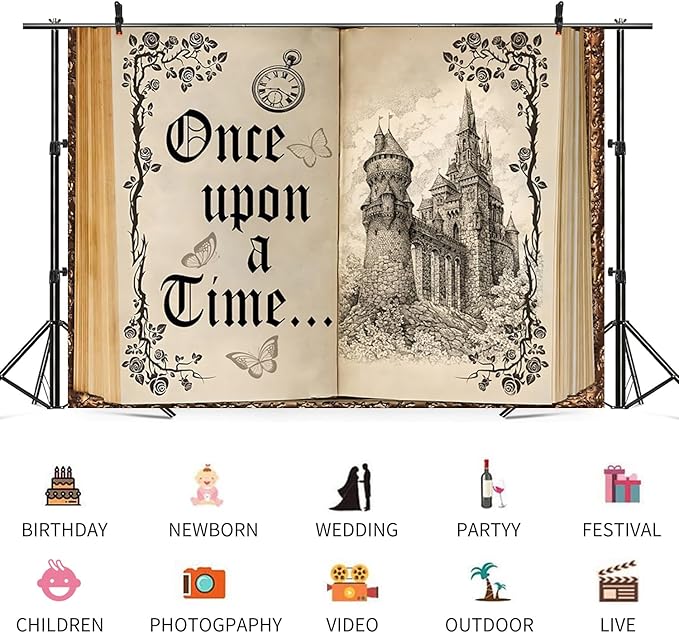 10x5ft Once Upon a Time Backdrop Fairy Tale Books Castle Princess Photography Background Once Upon a Time Birthday Baby Shower Decoration Storybook Wedding Party Banner