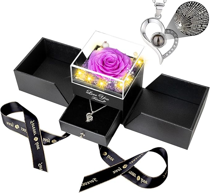 Preserved Purple Real Rose-Eternal Flowers Rose Gifts for Mom Grandma Wife Girlfriend on Mothers Day Birthday Valentines Christmas Anniversary Romantic Gifts for Her with I Love You Necklace