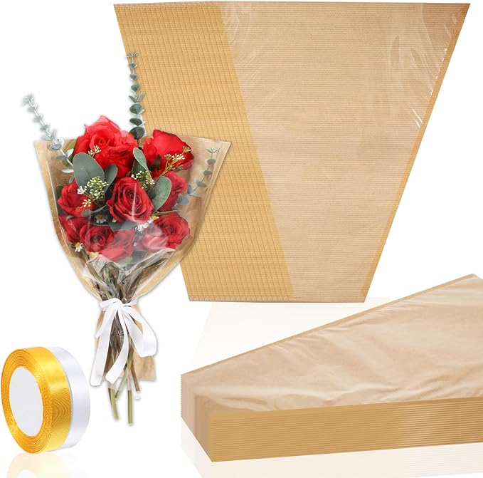 Exclaith 100 Pcs Flower Bouquet Wrapping Paper, Paper Clear Flower Sleeves Bulk Flowers Bags with Ribbons for Bouquets, for Florist Supplies, Mother's Day, Valentine's Day, Graduation, 15.7x13.8 Inch