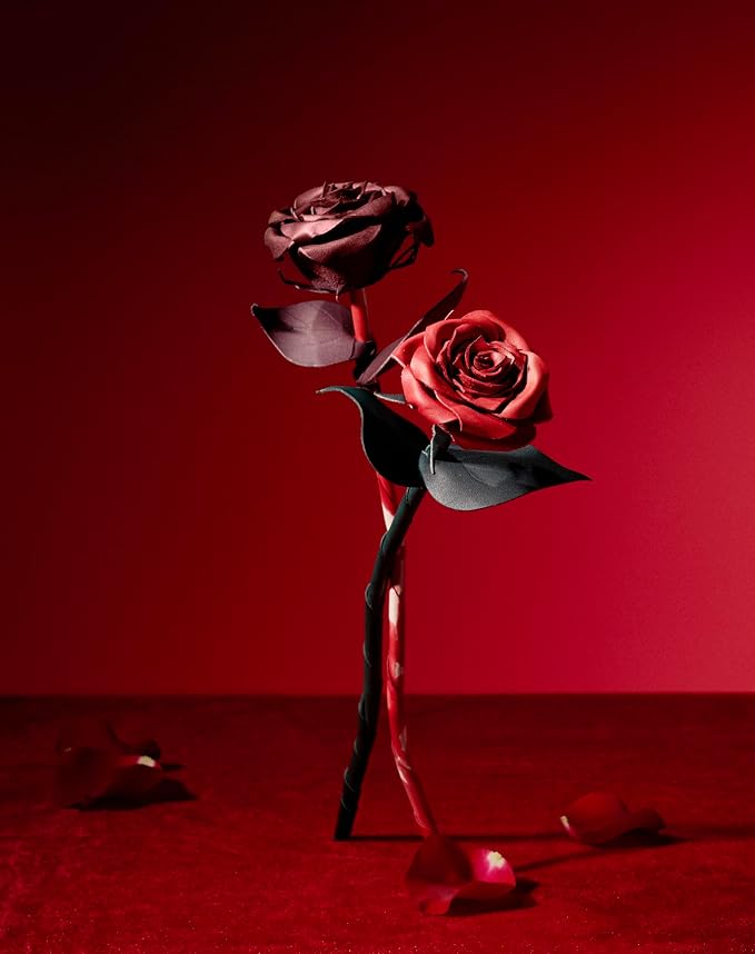 Handcrafted Genuine Leather Rose with Stem, Red, Gift Box Presentation, Lifelike Artisan Flower for 3rd Wedding Anniversary, Mother's Day (Red)