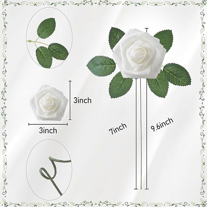 Artificial Flowers, Artificial Rose 50pcs for DIY Wedding Bouquets Centerpieces Arrangements, White Foam Rose with Stem for Bridal Shower Party Home Decorations