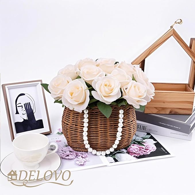 52pcs Champagne Roses Artificial Flowers Fake Flowers Silk Roses with Stems for DIY Wedding Bouquets Bridal Shower Centerpieces Arrangements Party Decorations