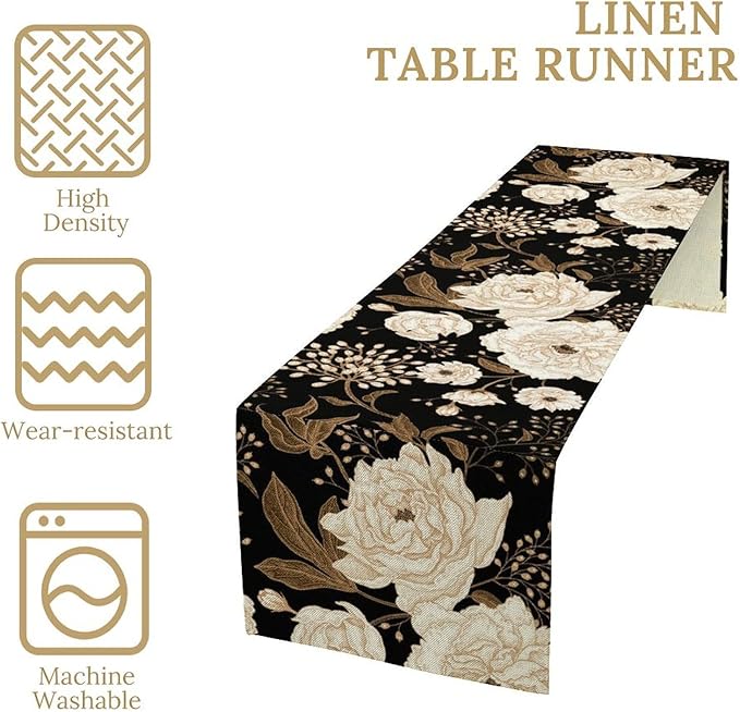 Vintage Flowers Table Runner,Black Gold Peony Rose Print Table Runner for Home Kitchen Table Dining Indoor Outdoor Party Decor 13x90 Inch