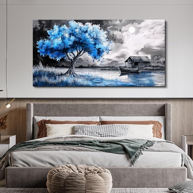 PHAOHUAXM Large Wall Art For Living Room Blue Wall Decor For Bedroom Black White And Blue Trees Wall Pictures Restaurant Office Frame Printing Canvas Large Artwork Modern Home Decoration 30x60 in